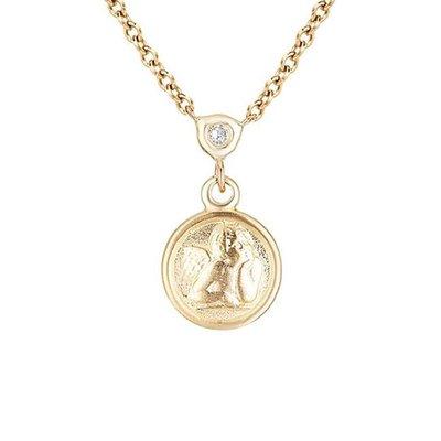 This delightful and delicate14k yellow gold mini cherub diamond dangle necklace.