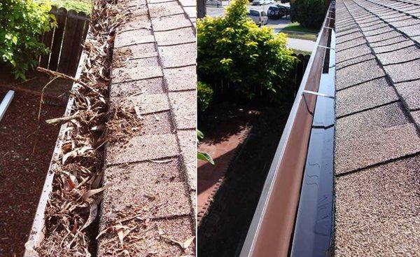 Before and after of clean gutters with no debris to allow water to flow.