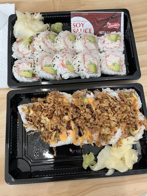 California Roll on Soy paper Crunchy Spicy Tuna on Soy paper