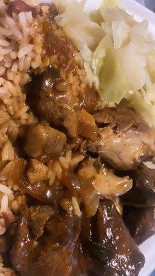 Chicken, Rice and peas, cabbage