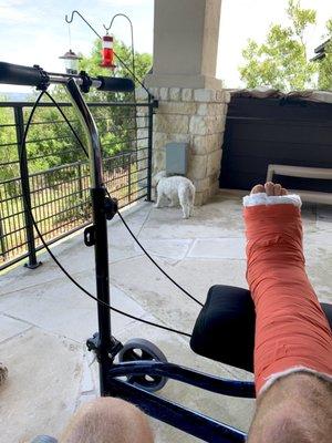 Jerry with  and bird feeders, after surgery.