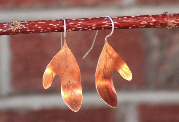 Sassafras Leaf Copper earrings by Kaj Morris