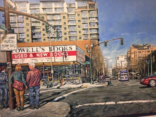 Painting of Powells bookstore which was an auto dealership in the mid-1900s