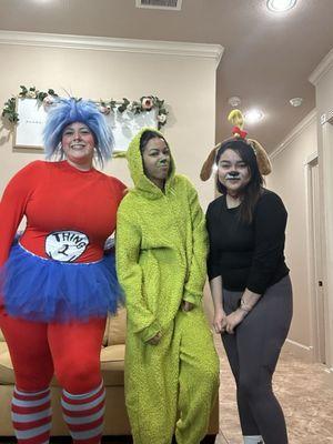 Our office Halloween theme was Dr. Seuss! Thing 2, The Grinch and his trusty pup Max!