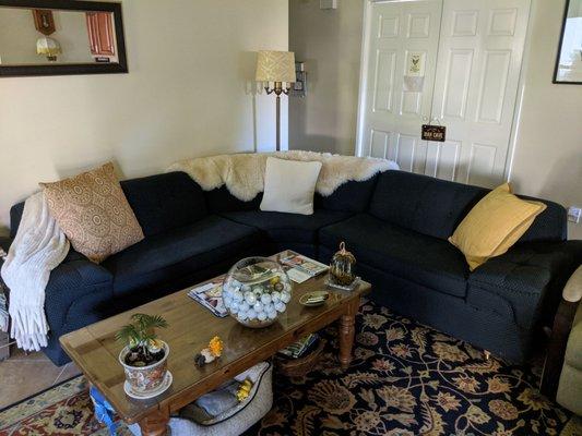 Paul's reupholstered this Retro sectional sofa, from my parents' estate.