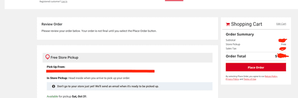 "REVIEW ORDER" pg onine: Available pick-up date = Sat., 10/31.  Placed order based on this date.