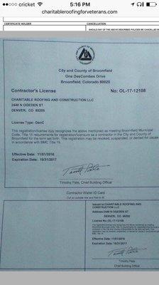 We have our GC License out of Broomfield Colorado