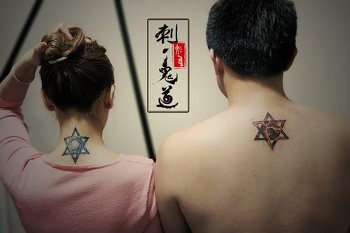 Couple Tattoo, Galaxy and Hell Hexagram