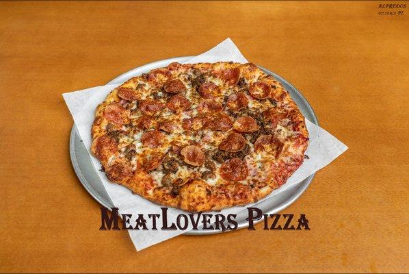 Meat Lovers Pizza.
Pepperoni, Canadian bacon, ground beef, Italian sausage and extra cheese.