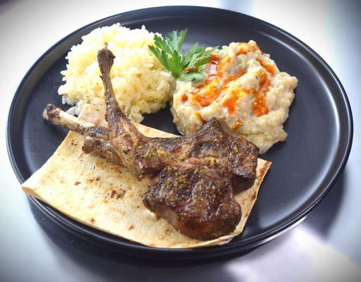 Grilled Lamb Chops (2 pcs) - Smoked Eggplant-Labneh and Butter Rice