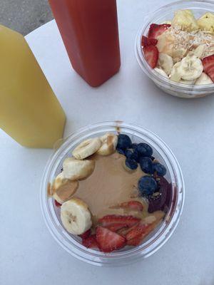 Tropical Bowl and Strawberry Lemonade (back), Peanut Butter Acai Bowl and Orange Ginger infused water (front)