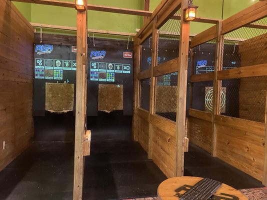 There are 4 ranges for axe throwing. each have a small table a few feet back with the mouse and keyboard. A bit tight but it works.