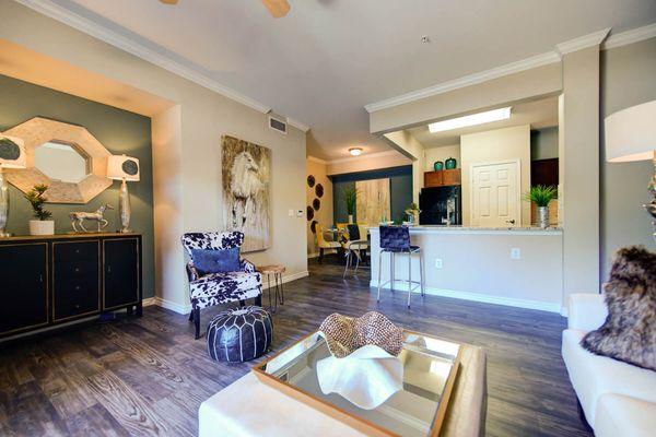 Model Living Room and Kitchen at Callista Hill Country Apartments in Austin TX