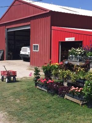 A nearby barn