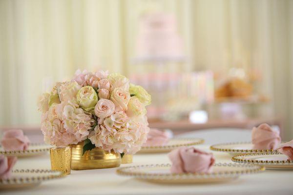 Baby Pink and Ivory Table Setting set with hand folded rose napkins