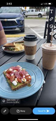 Tuna Sandwich and Loaded Avocado Toast French press coffee and a protein shake