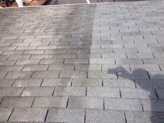 The before and after of an Okler Roofing roof cleaning service