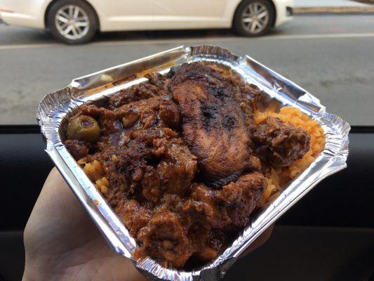 $5.50 Small Portion: Stewed Pork, Yellow Rice, Sweet Plantain