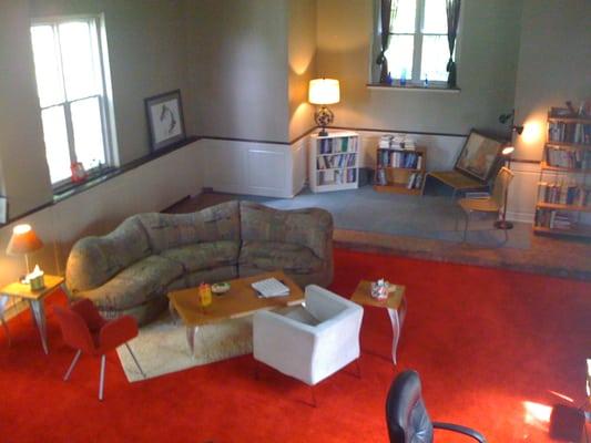 Inside the office, looking down from the loft.