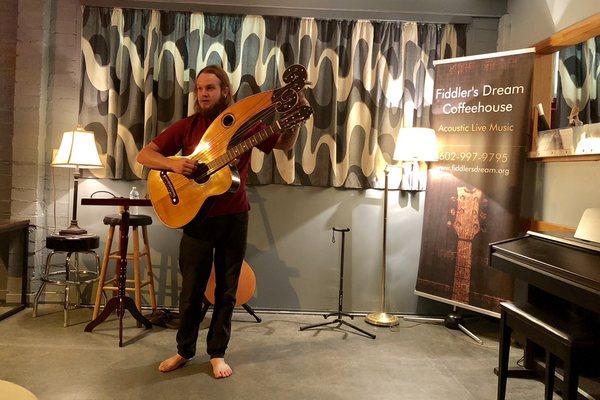 Forest Bailey with harp guitar, at his concert at Fiddler's Dream on Wednesday evening, October 24, 2018.