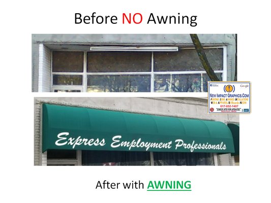 Before and Aftyer Awning Sumbrella green with painted white letters