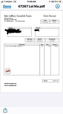 Invoice for order which says size is XL