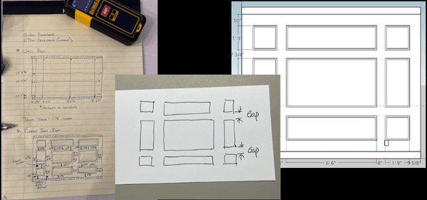 Mister Ruler's process, from initial sketch, to measuring, and custom 3D render with dimensions.