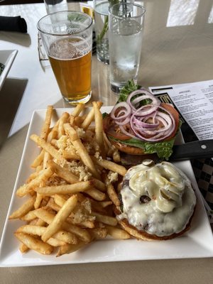 Jalapeño jack burger with garlic fries. $15 Beer $5.50