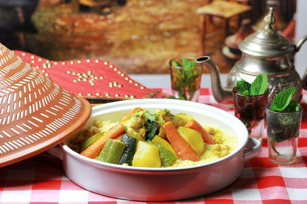 MOROCCAN VEGAN COUSCOUS W/ VEGGIES:
 It comes with garbanzo beans and veggies.