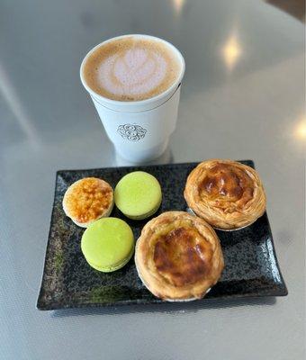 Rose latte, Creme brûlée & pistachio macarons along w Yummy New Portuguese Egg Tarts $ 3 each 05.04.23