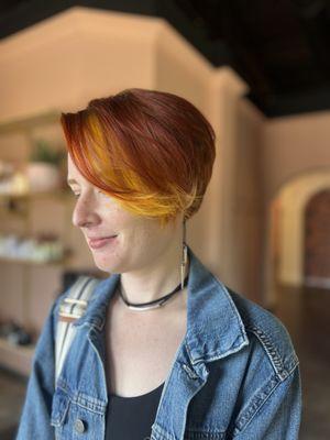 Orange copper hair with a pop of yellow to keep it funky!