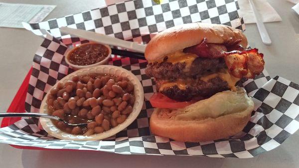 Double cheese burger with baked beans. Delicious