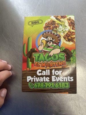 A card to call for private events