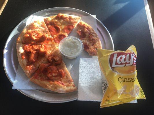 1/2 buffalo chicken & 1/2 pepperoni, with blue cheese and some chips.