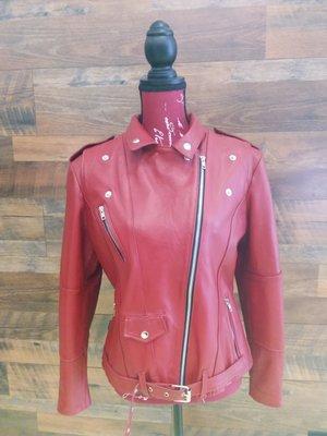 Red leather jacket, looks beautiful on