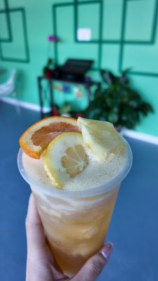 Tropical Fruit Tea - a mixed flavor of pineapple, orange and passion fruit, paired lovely with lychee jelly or popping boba