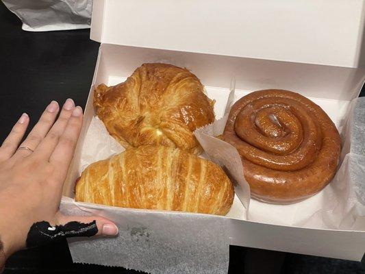 Jumbo Croissant Sausage Roll, Croissant Ham Egg and Cheese, Cinnamon Roll.   They're huge!