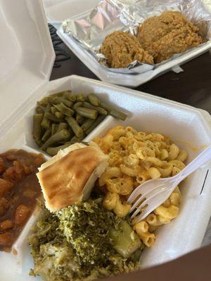 Mac & cheese, candied yams, string beans, broccoli, dinner roll anddddd fishhhh