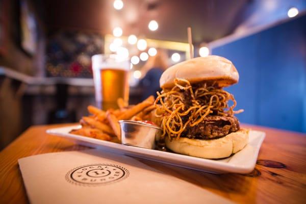 Mongolian Beef Burger - fried beef patty with sweet ginger sauce and crispy noodles