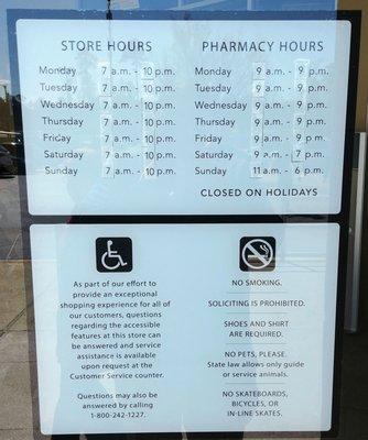 These are the store and pharmacy hours of operation.  Photo taken March 25, 2018.