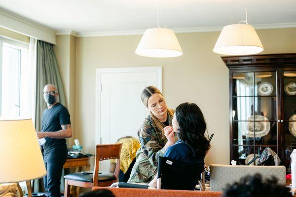 Scoobie West & Company getting my wife, bridesmaids, and groomswoman's hair and makeup ready on our wedding day. Leigh Wolfe Photography.