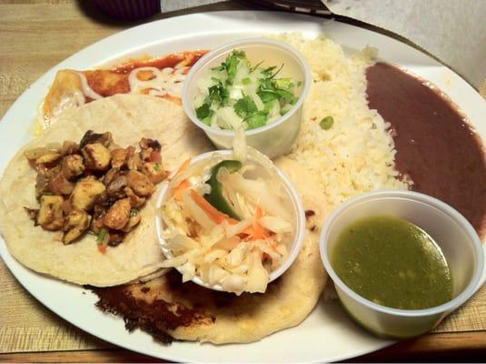 Combo #12: pupusa, taco, enchilada, rice & beans