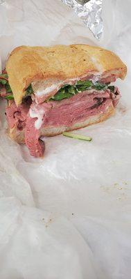 The BEST roast beef sandwich I've ever tasted, on Cuban bread!