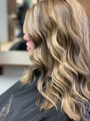 Blonde balayage highlights + camouflage natural face framing greys