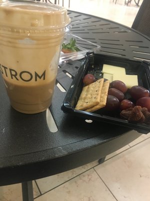 Cheese & crackers snack plate, and Peanut Butter & Protein Smoothie