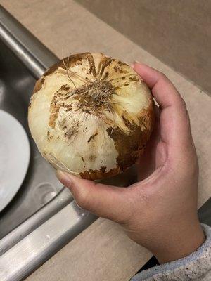 This yellow onion has a hollowed out part underneath the root, and is somewhat squishy