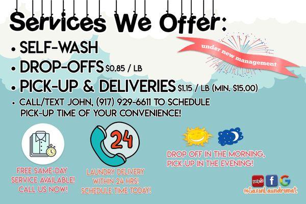 Never worry about your dirty laundry again! Drop it off or let us pick it up and deliver it right to your door step!