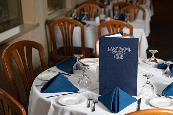 The Main Dining Room. The Clubhouse is a private restaurant serving members of the Lake Naomi Club.