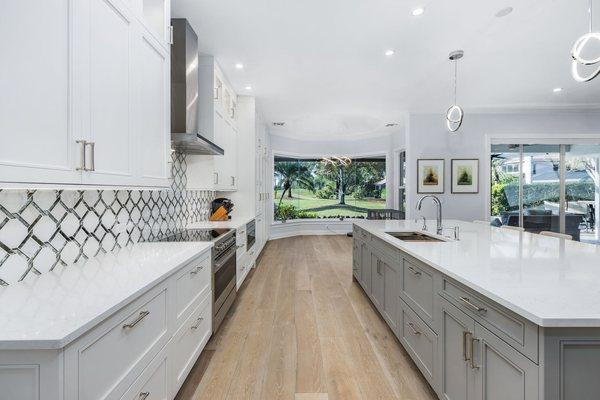 Newly expanded kitchen with quartz countertops.