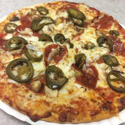 Personal size pizza with pepperoni, onions, mushrooms & jalapeños